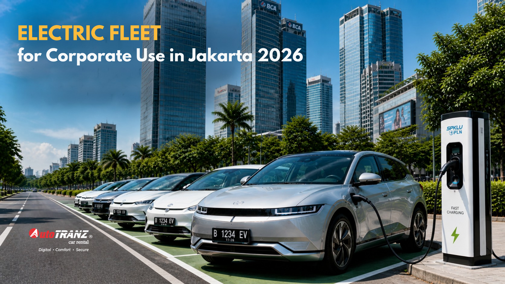 Corporate electric vehicle driving through Jakarta SCBD business district during peak office hours