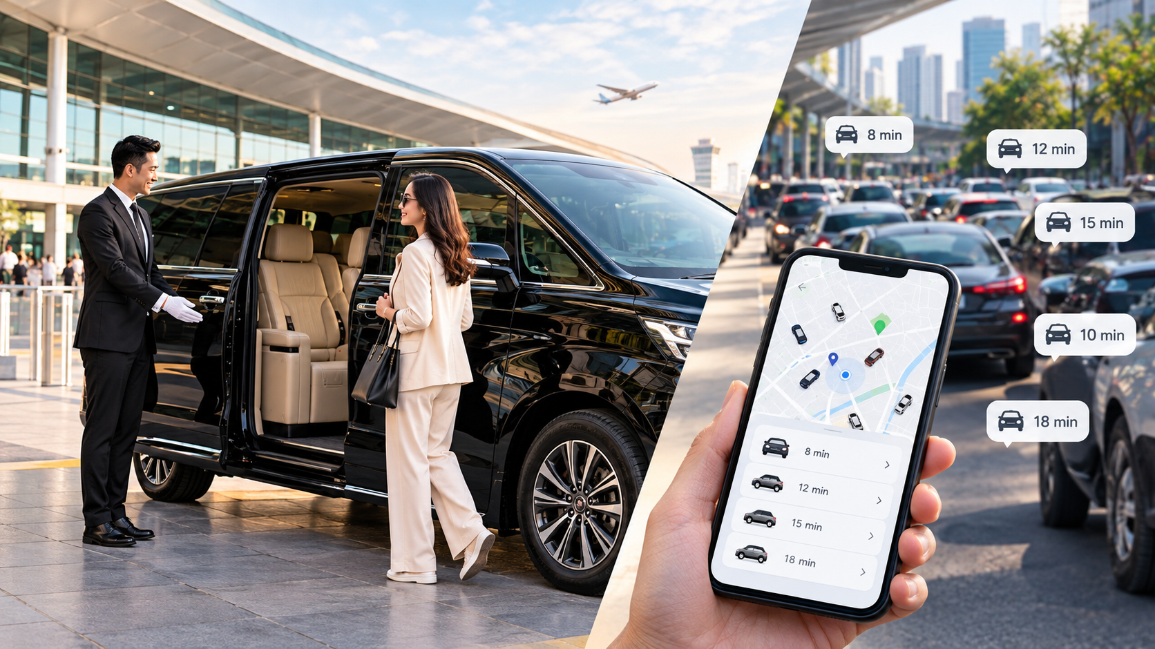 Premium chauffeur service at an airport compared with ride-hailing options, showing a luxury black vehicle with a professional driver and a smartphone displaying multiple ride options and wait times.